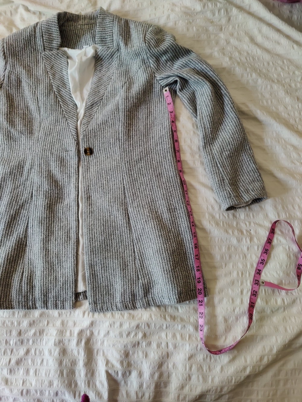 Grey Ribbed Single-Button Long Blazer Coat - Picture 8 of 12